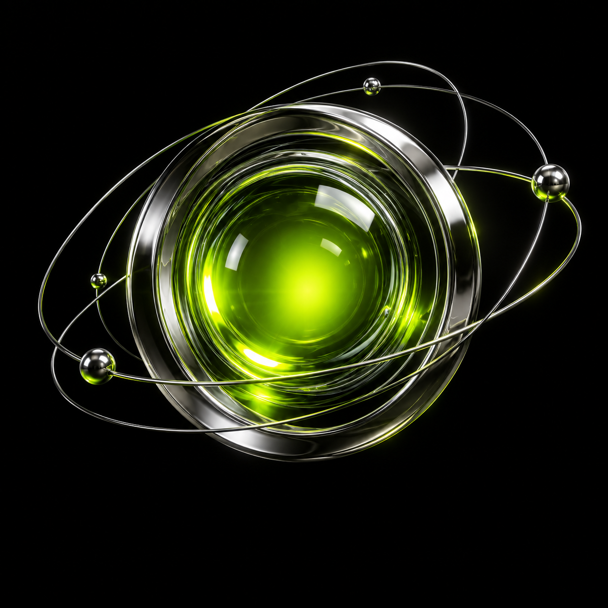 A chrome optical lens with a glowing lime core, surrounded by orbiting rings.